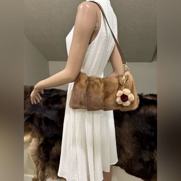 Natural Mink Fur Soft Slouchy Bag/Shoulder Bag/Crossbody & Fur Flower Bag Charm - Picture 4 of 16